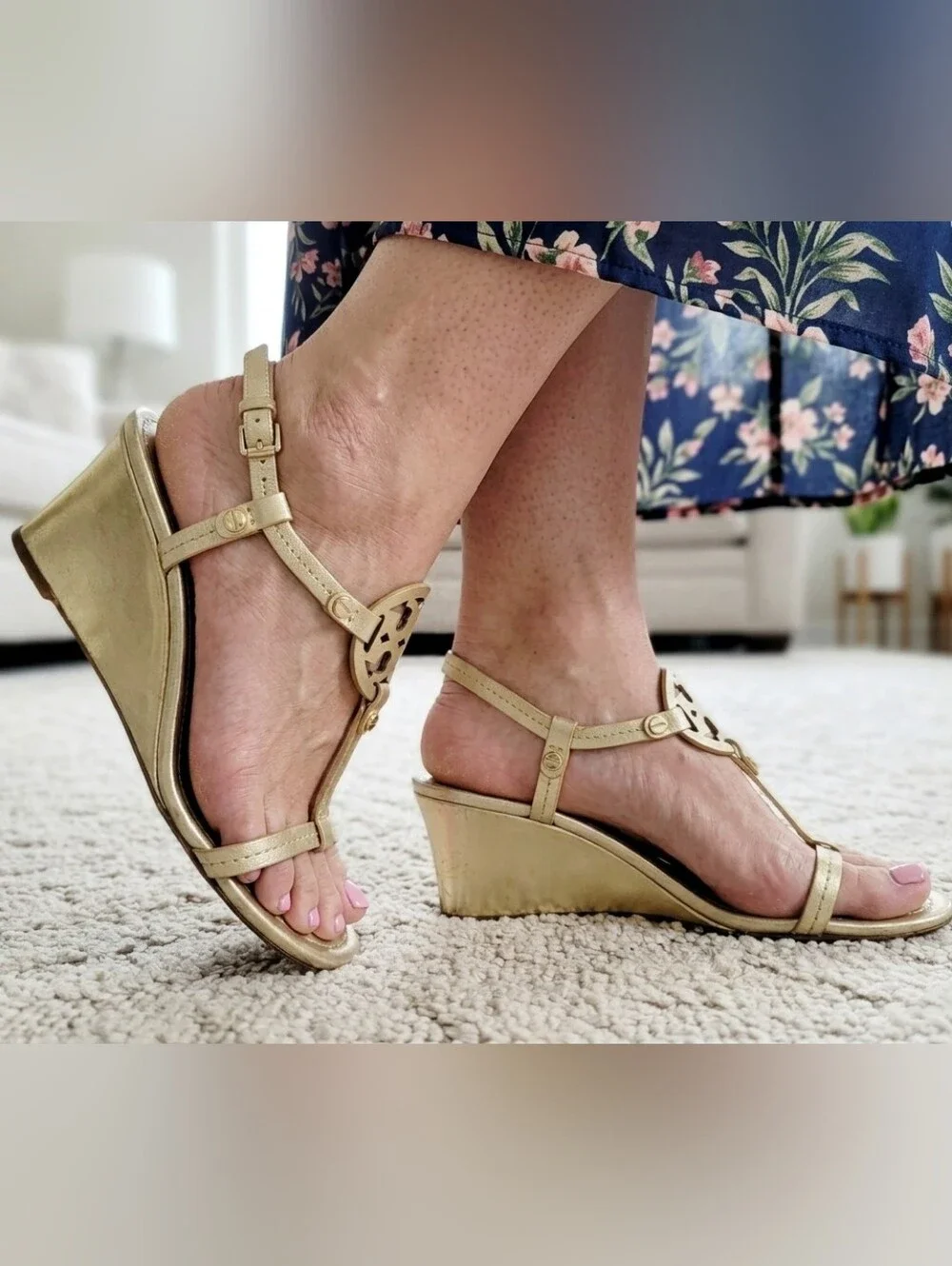 Tory Burch Miller Wedge Sandals Heels Spark Gold Size 7